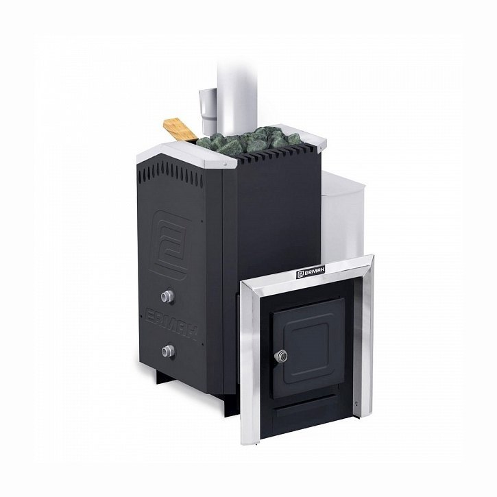 Дровяная печь для бани Ермак 16 Стандарт (Сталь) с теплобменником, баком 40 л, закрытой каменкой и парообразователем