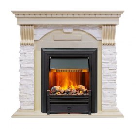 Каминокомплект Dublin - Слоновая кость с патиной / Сланец крем с очагом Brookline Black