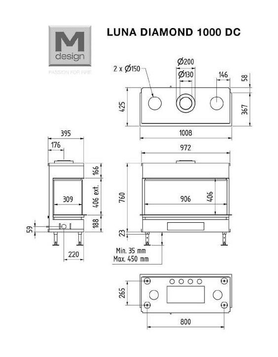 Каминная топка газовая M-Design Luna 1000 DC Diamond gas, стеклянные внутренние стенки