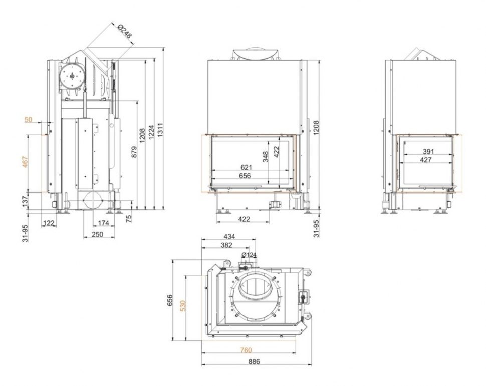 Каминная топка Brunner Eck-Kamine 45/67/44 L вертикальное открытие, левый угол (с подъемом)