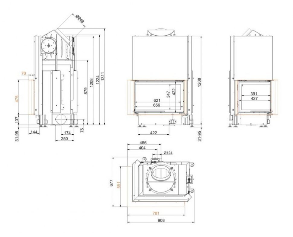 Каминная топка Brunner Eck-Kamine 45/67/44 L вертикальное открытие, левый угол (с подъемом)