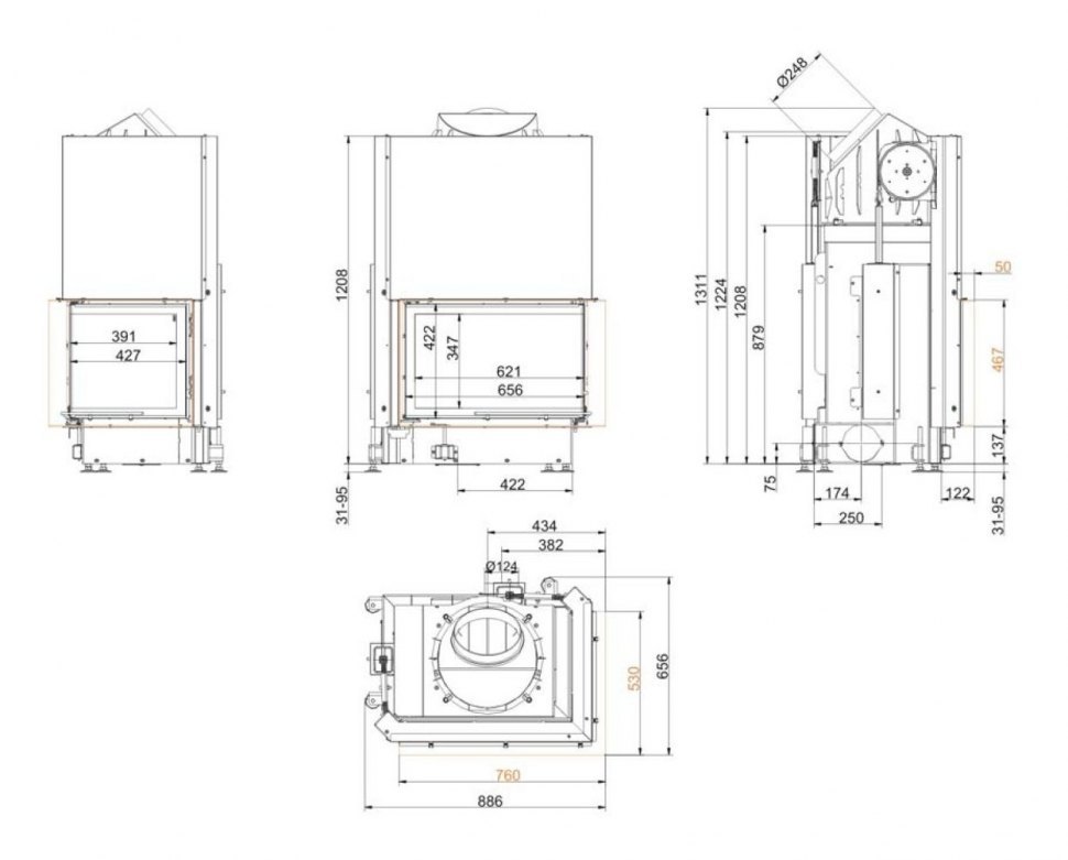 Каминная топка Brunner Eck-Kamine 45/67/44 R вертикальное открытие, правый угол (с подъемом)