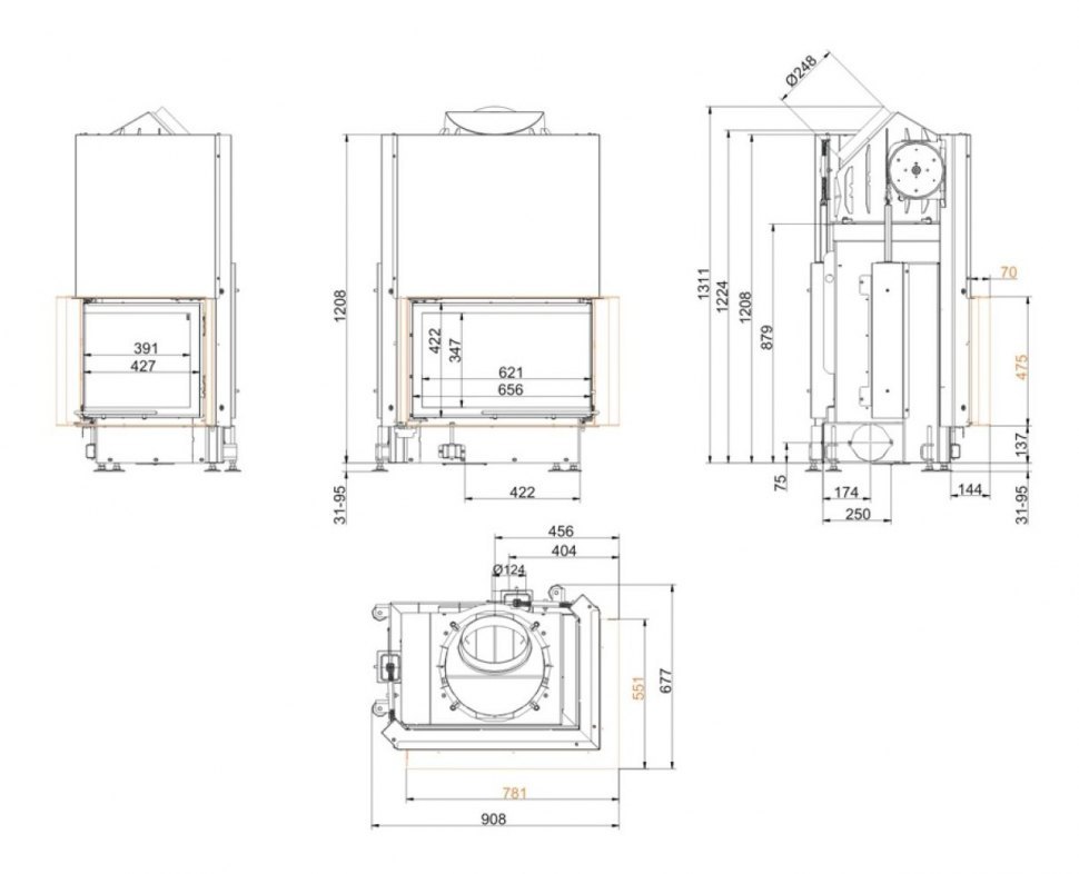 Каминная топка Brunner Eck-Kamine 45/67/44 R вертикальное открытие, правый угол (с подъемом)