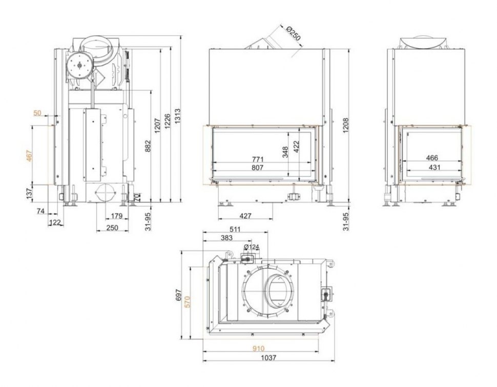 Каминная топка Brunner Eck-Kamine 45/82/48 L вертикальное открытие, левый угол (с подъемом)
