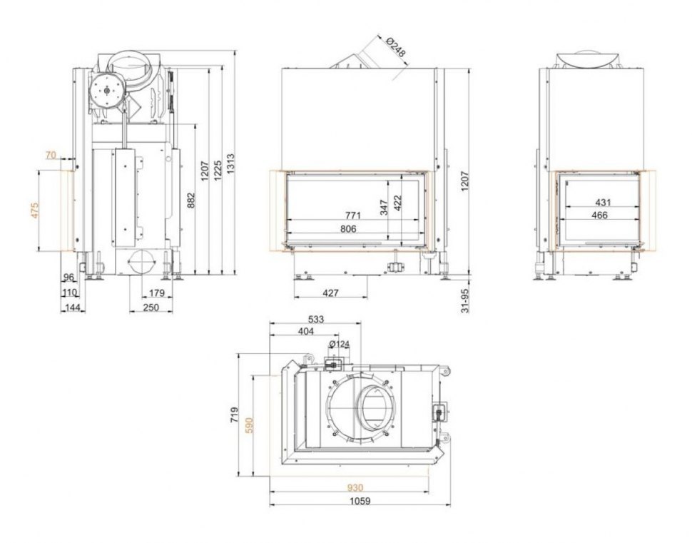 Каминная топка Brunner Eck-Kamine 45/82/48 L вертикальное открытие, левый угол (с подъемом)