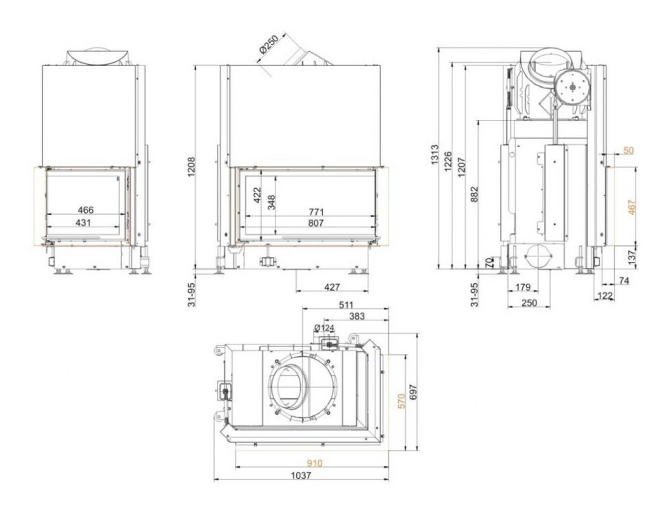Каминная топка Brunner Eck-Kamine 45/82/48 R вертикальное открытие, правый угол (с подъемом)
