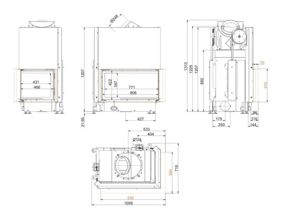 Каминная топка Brunner Eck-Kamine 45/82/48 R вертикальное открытие, правый угол (с подъемом)