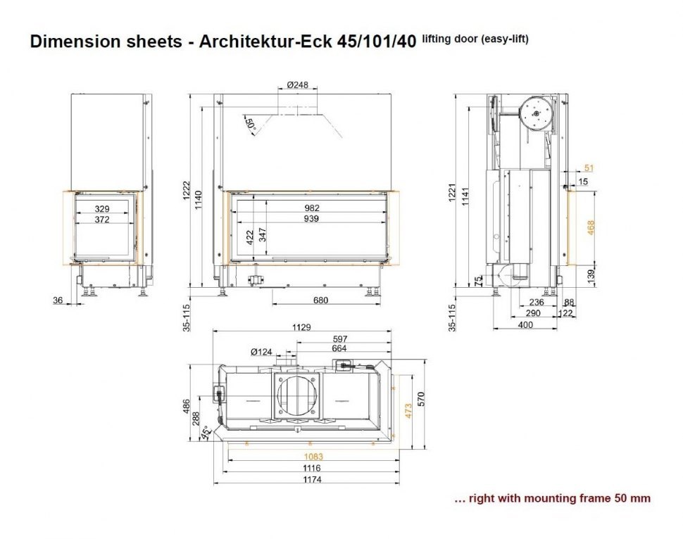 Каминная топка Brunner Architektur-Kamin Eck 45/101/40 с правым углом