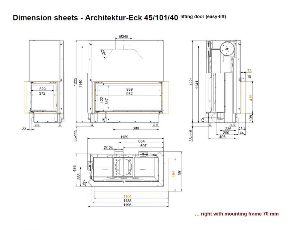 Каминная топка Brunner Architektur-Kamin Eck 45/101/40 с правым углом