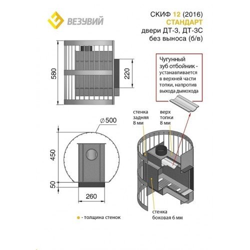 Дровяная печь для бани Везувий Скиф Стандарт 12 (ДТ-3) без выносного тоннеля 2016