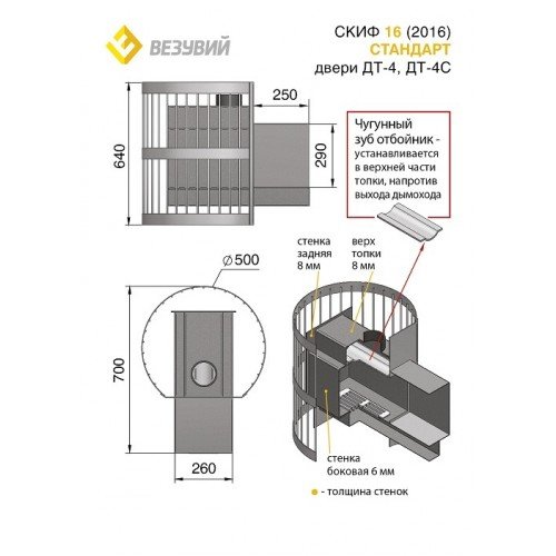 Дровяная печь для бани Везувий Скиф Стандарт 16 (ДТ-4С) 2016
