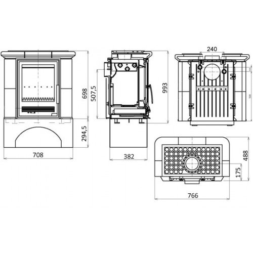 Кафельная печь-камин ABX Iberia L (прямой цоколь, чугунная вставка)