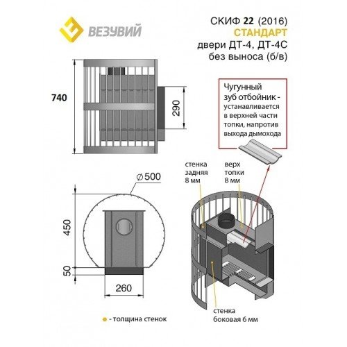 Дровяная печь для бани Везувий Скиф Стандарт 22 (ДТ-4) без выносного тоннеля 2016