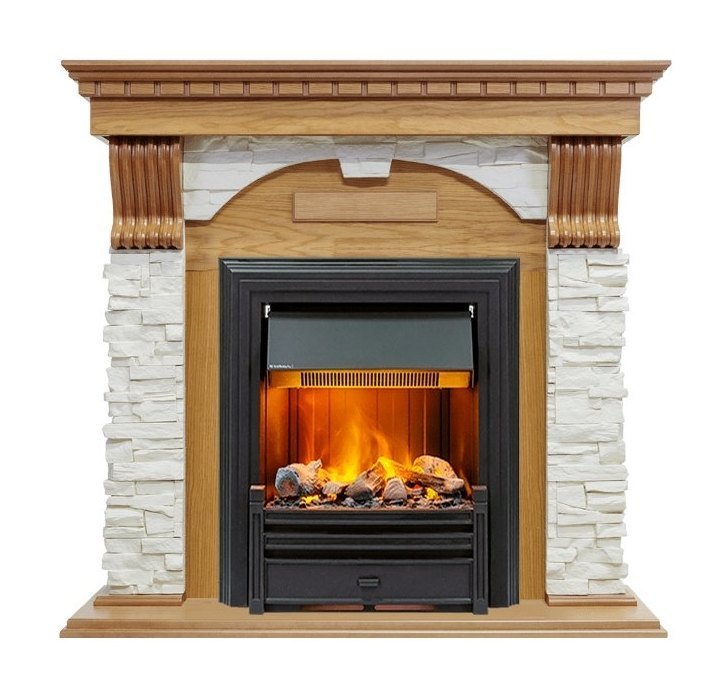 Каминокомплект Dublin - Дуб / Сланец белый с очагом Brookline Black