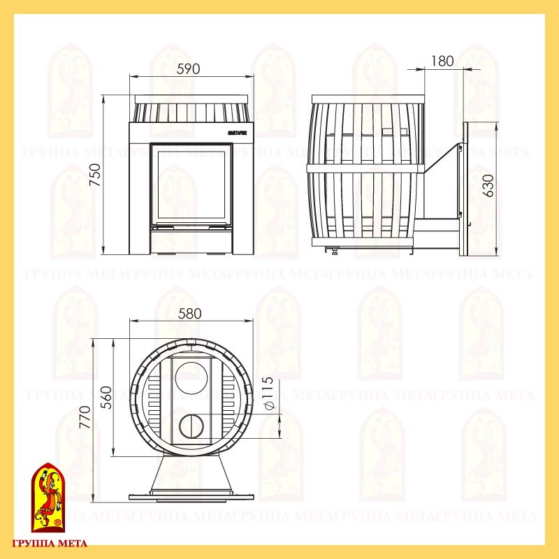 Дровяная печь для бани Мета METAFIRE БОЧКА 16Т Витра