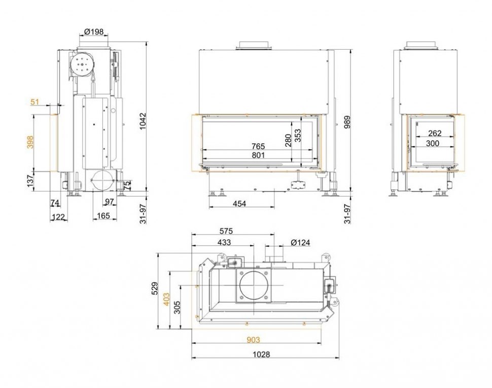 Каминная топка Brunner Architecture-Eck 38/86/36 с левым углом схема монтажная рама 50 мм