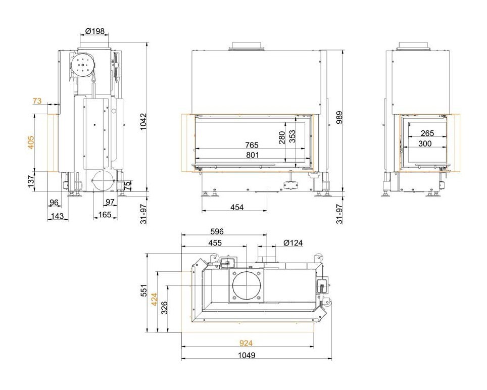 Каминная топка Brunner Architecture-Eck 38/86/36 с левым углом схема монтажная рама 70 мм