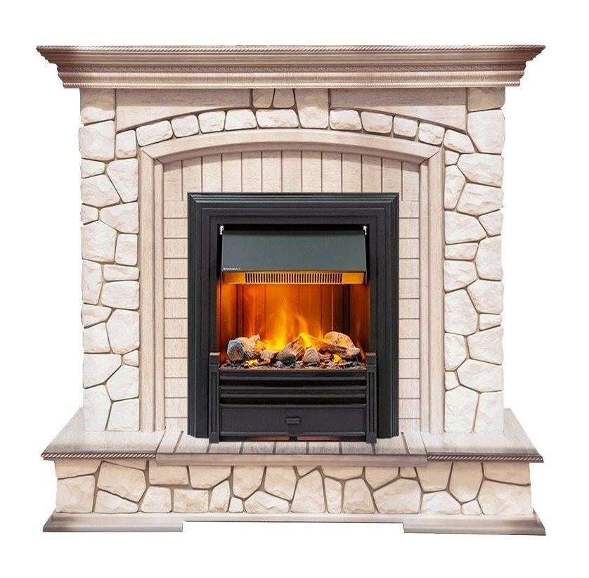 Каминокомплект Preston - Белый/Слоновая кость с патиной с очагом Brookline Black