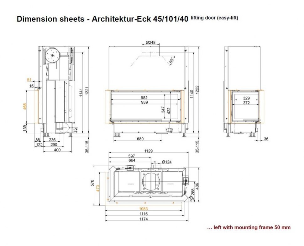 Каминная топка Brunner Architektur-Kamin Eck 45/101/40 с левым углом