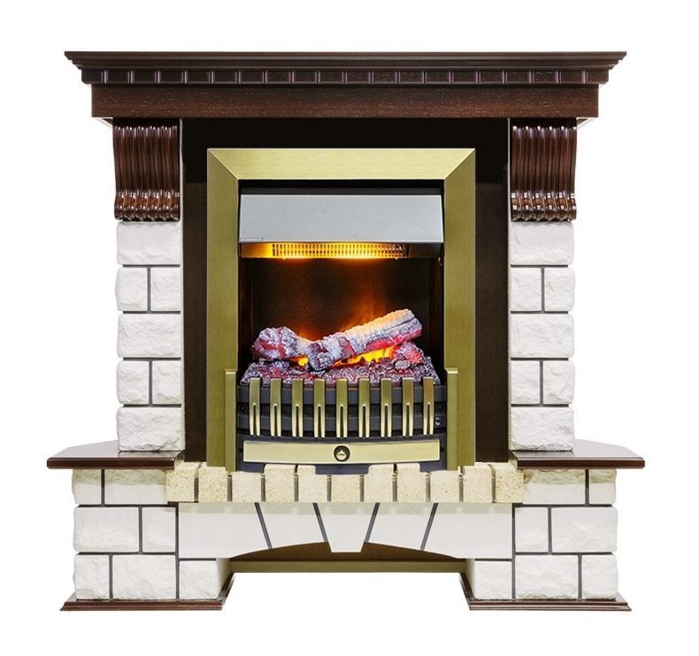 Каминокомплект Pierre Luxe угловой - Темный дуб / Белый (Высота 1050мм) с очагом Danville Antique Brass FB2