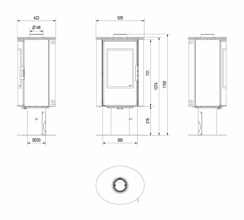 Печь-камин Kratki Koza AB S/N/O/DR GLASS (поворотная, кафель черный)
