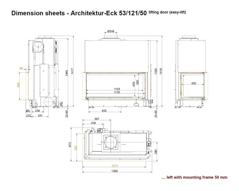 Каминная топка Brunner Architektur-Kamin Eck 53/121/50 с левым углом