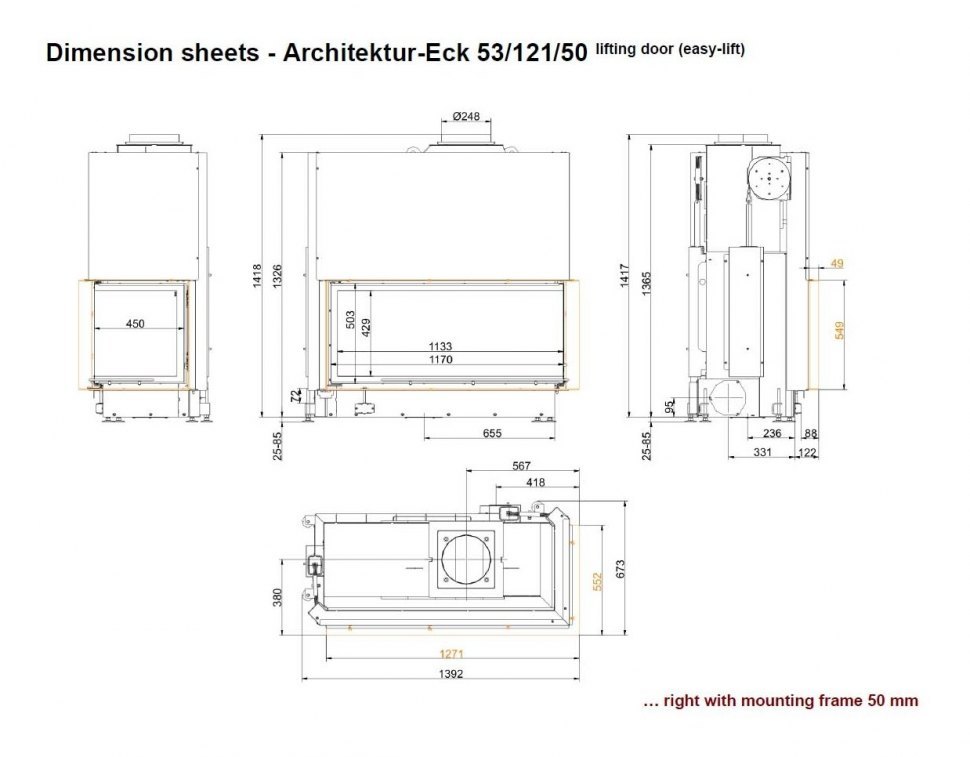 Каминная топка Brunner Architektur-Kamin Eck 53/121/50 с правым углом