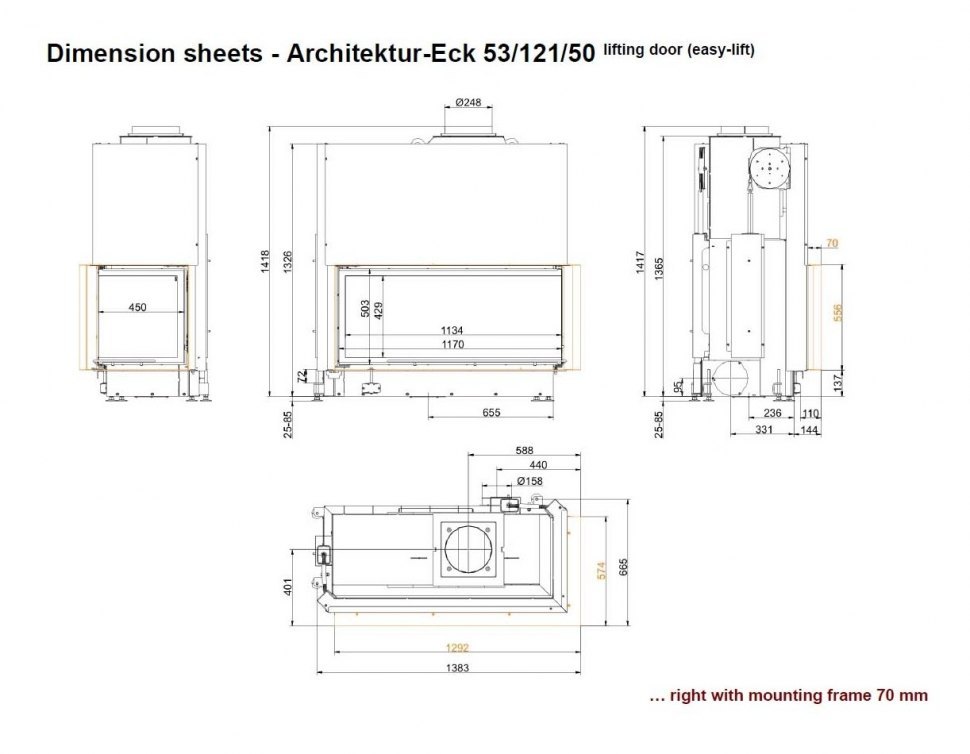 Каминная топка Brunner Architektur-Kamin Eck 53/121/50 с правым углом