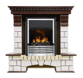 Каминокомплект Pierre Luxe угловой - Темный дуб / Белый (Высота 1050мм) с очагом Flagstaff