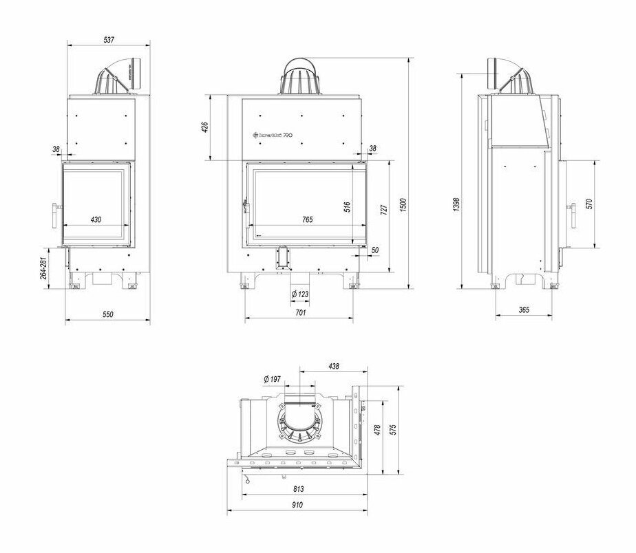 Каминная топка Kratki MBA P/BS (угловое стекло справа)