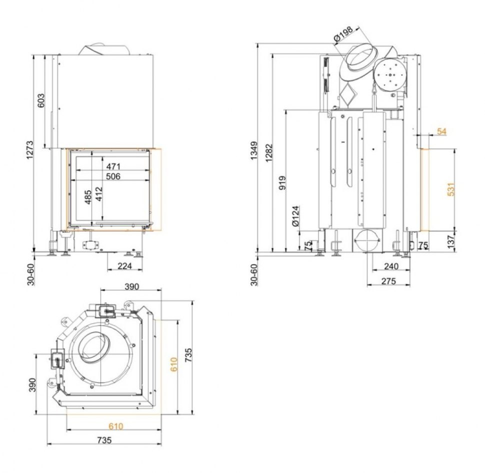 Каминная топка Brunner Eck-Kamine 51/52/52 вертикальное открытие (с подъемом)