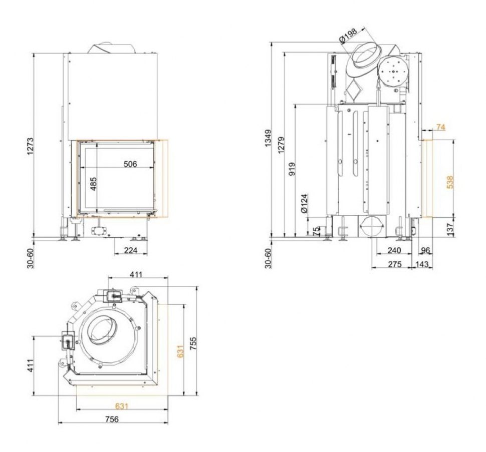 Каминная топка Brunner Eck-Kamine 51/52/52 вертикальное открытие (с подъемом)
