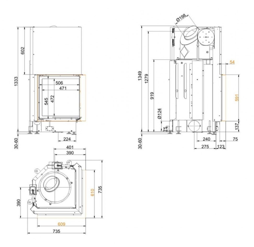 Каминная топка Brunner Eck-Kamine 57/52/52 вертикальное открытие (с подъемом)
