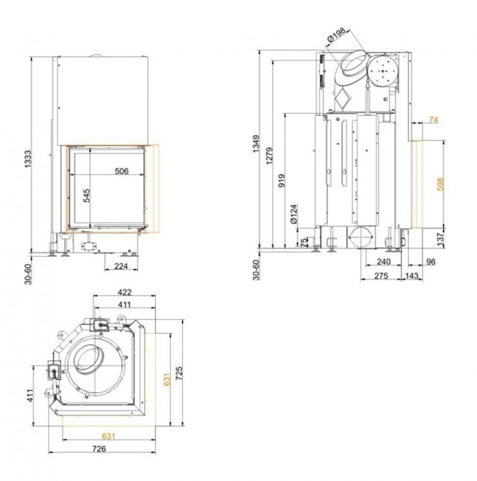 Каминная топка Brunner Eck-Kamine 57/52/52 вертикальное открытие (с подъемом)