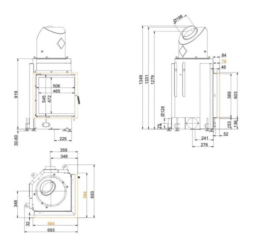 Каминная топка Brunner Eck-Kamine 57/52/52 горизонтальное открытие (без подъема)