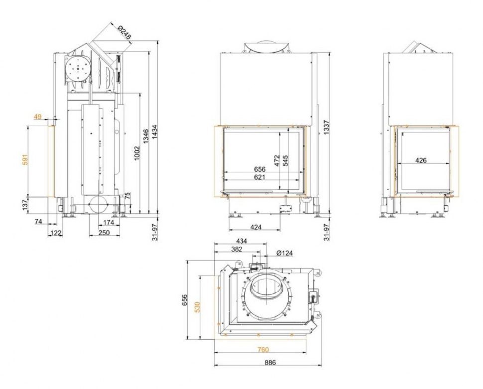 Каминная топка Brunner Eck-Kamine 57/67/44 вертикальное открытие, левый угол (с подъемом)