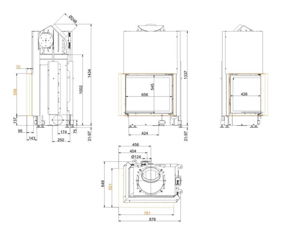 Каминная топка Brunner Eck-Kamine 57/67/44 вертикальное открытие, левый угол (с подъемом)