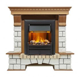 Каминокомплект Pierre Luxe - Дуб / Белый (Высота 1050мм) с очагом Brookline Black