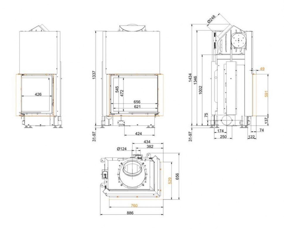 Каминная топка Brunner Eck-Kamine 57/67/44 вертикальное открытие, правый угол (с подъемом)