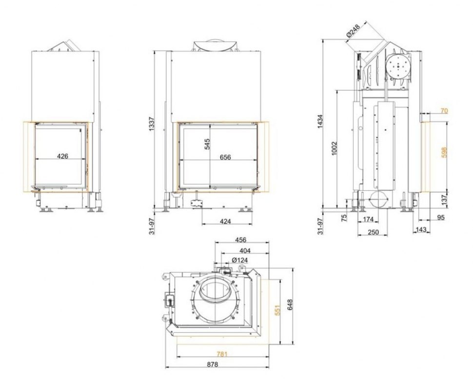 Каминная топка Brunner Eck-Kamine 57/67/44 вертикальное открытие, правый угол (с подъемом)
