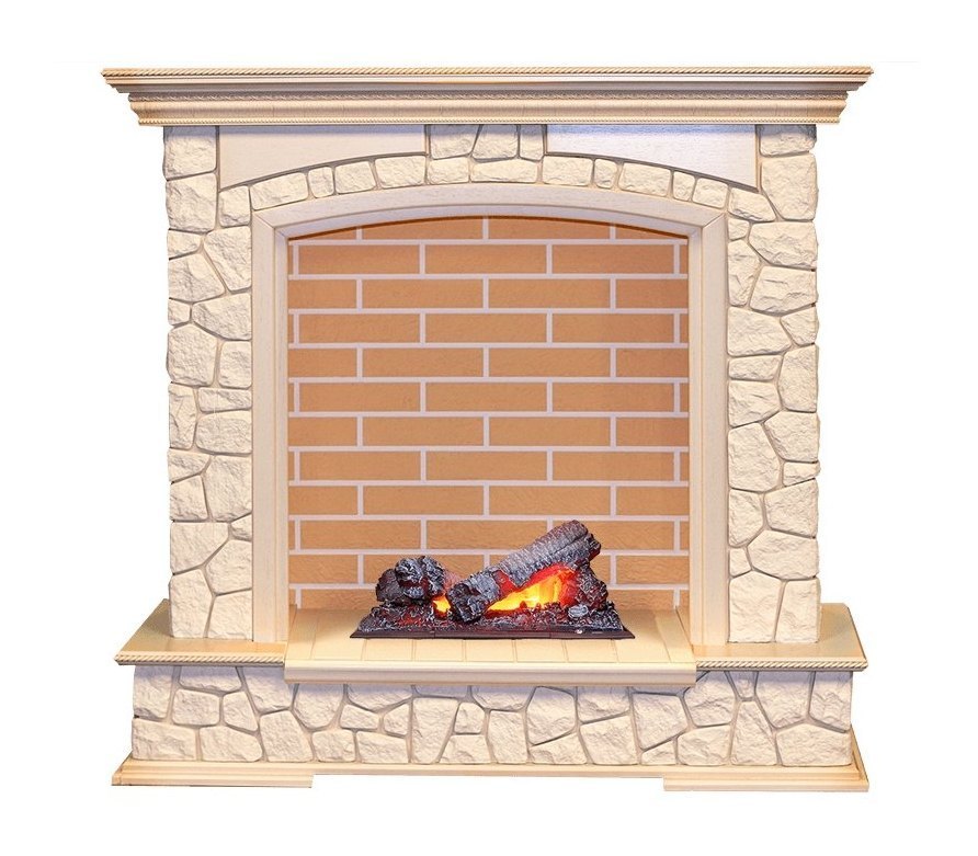 Каминокомплект Preston - Слоновая кость с патиной / Кирпич с очагом Cassette 400 NH