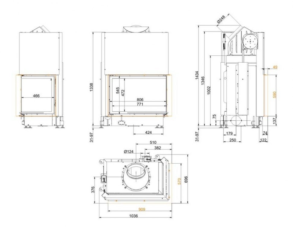 Каминная топка Brunner Eck-Kamine 57/82/48 вертикальное открытие, правый угол (с подъемом)