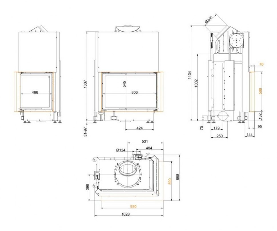 Каминная топка Brunner Eck-Kamine 57/82/48 вертикальное открытие, правый угол (с подъемом)