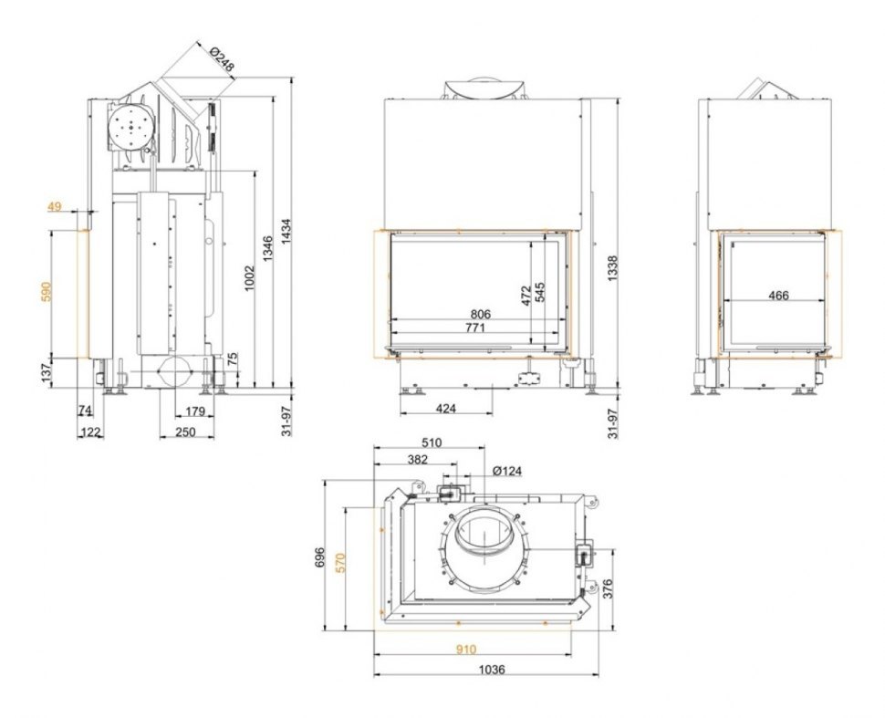 Каминная топка Brunner Eck-Kamine 57/82/48 вертикальное открытие, левый угол (с подъемом)
