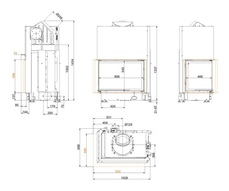 Каминная топка Brunner Eck-Kamine 57/82/48 вертикальное открытие, левый угол (с подъемом)