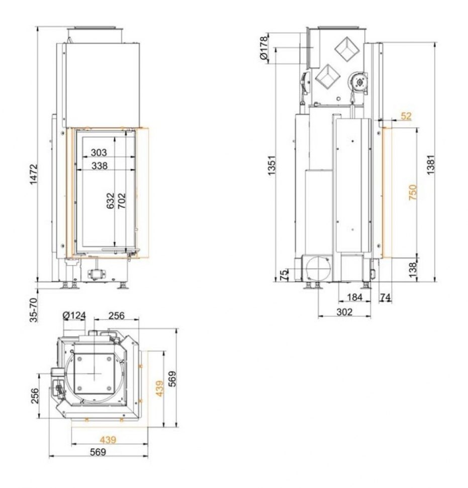 Каминная топка Brunner Eck-Kamine 70/33/33 вертикальное открытие (с подъемом)