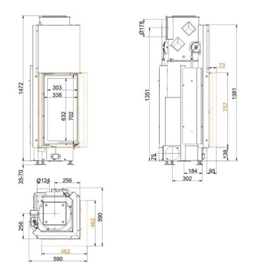 Каминная топка Brunner Eck-Kamine 70/33/33 вертикальное открытие (с подъемом)