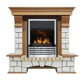 Каминокомплект Pierre Luxe - Дуб / Белый (Высота 1050мм) с очагом Flagstaff