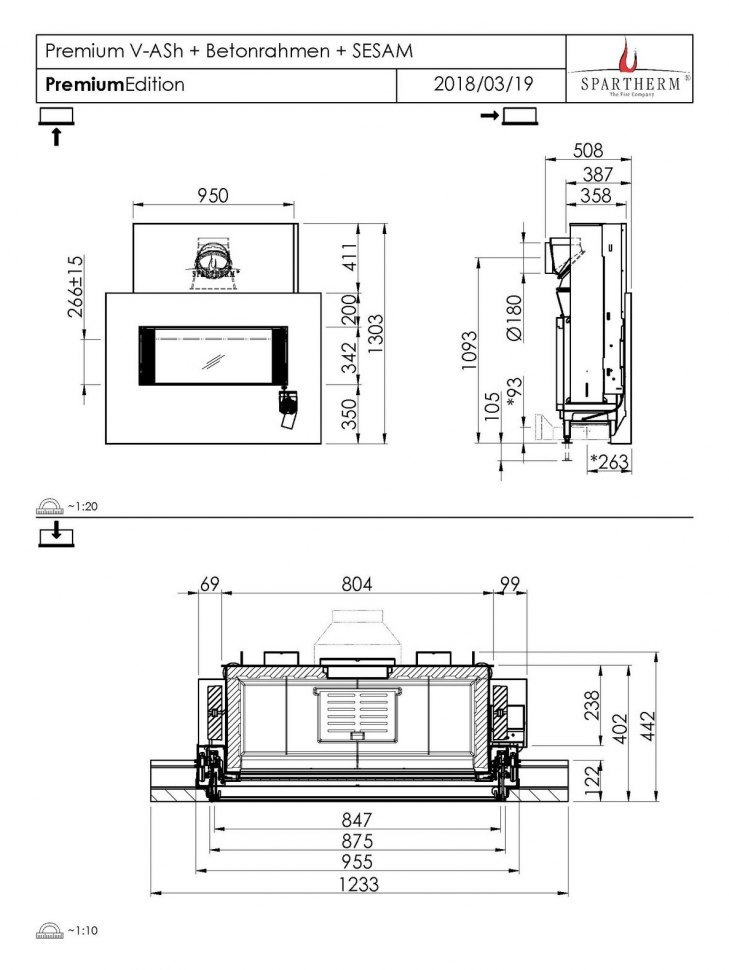 Каминная топка Spartherm Premium V-ASh с бетонной рамой + SESAM