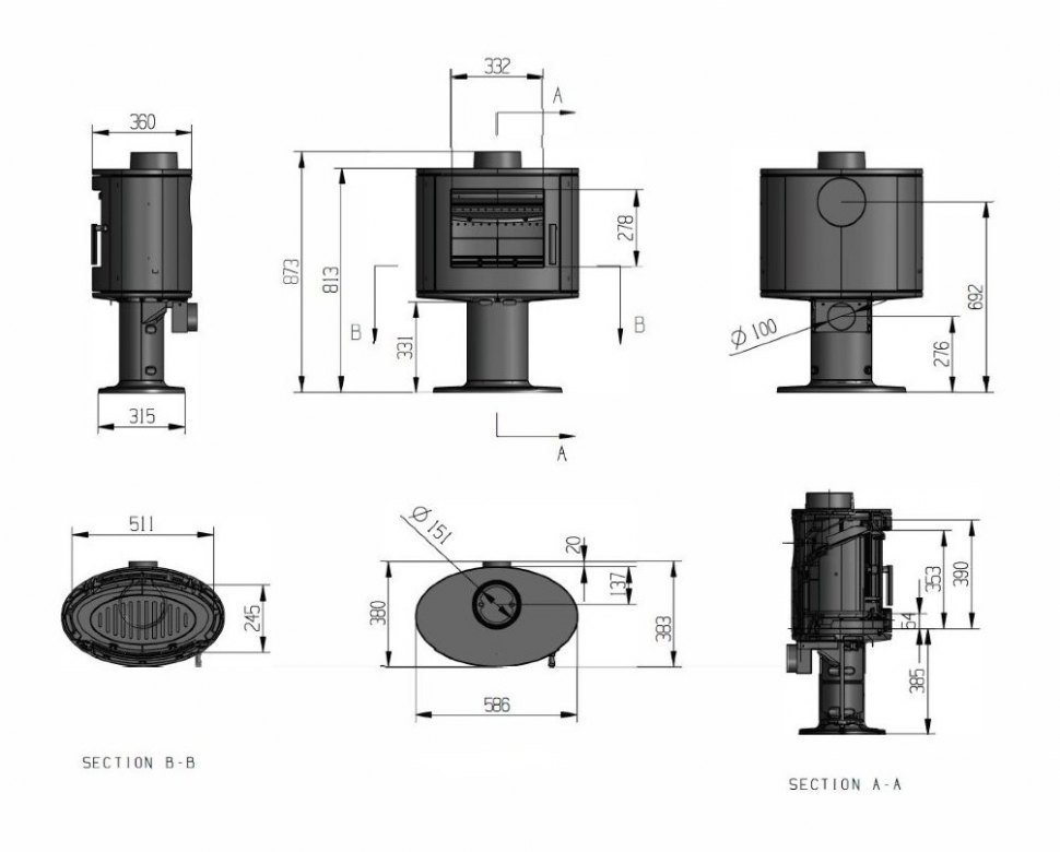 Чугунная печь камин Firebird Puma с опорой 9 кВт